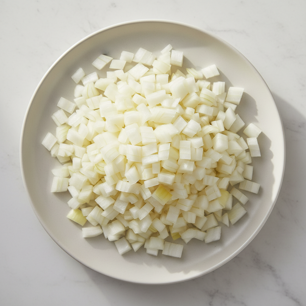 玉ねぎのダイスカット（1センチ）を皿にたっぷり盛った画像を作ってください。商品画像に使用するので真上から撮った感じで背景もシンプルに。画像は正方形で作ってください。